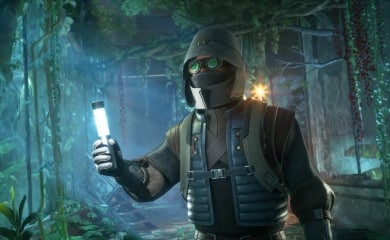 A masked character holding up a light in Funcom's Dune: Awakening