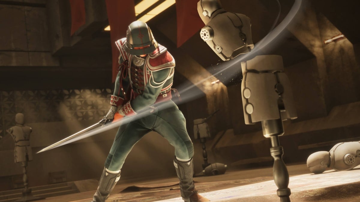 A character slashing a training dummy in half in the Funcom game Dune: Awakening