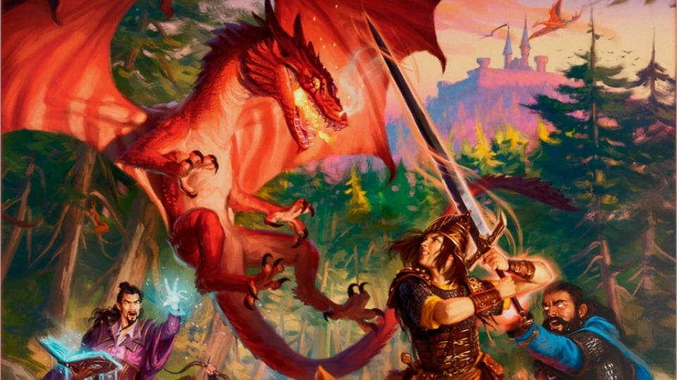 A red dragon fighting a knight in armor. A wizard is in the back casting a spell.