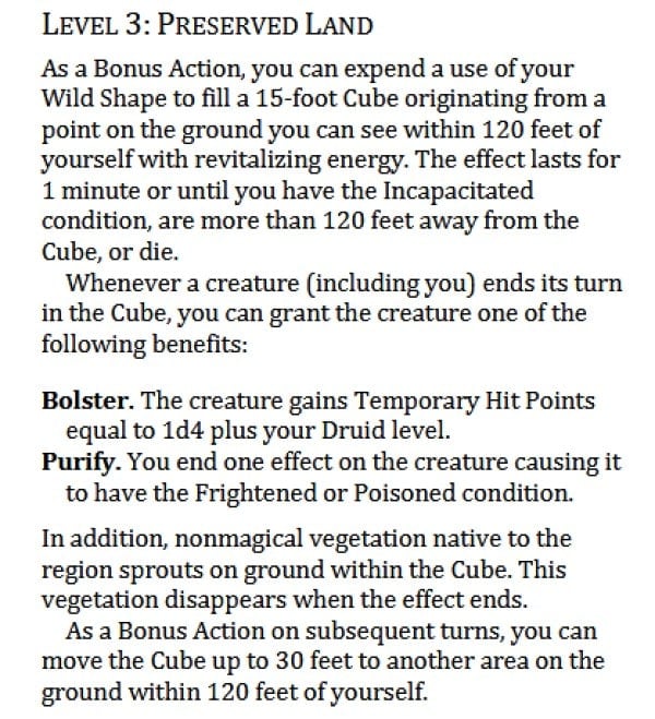 A screenshot of text describing a feature of the Circle of Preservation Druid.