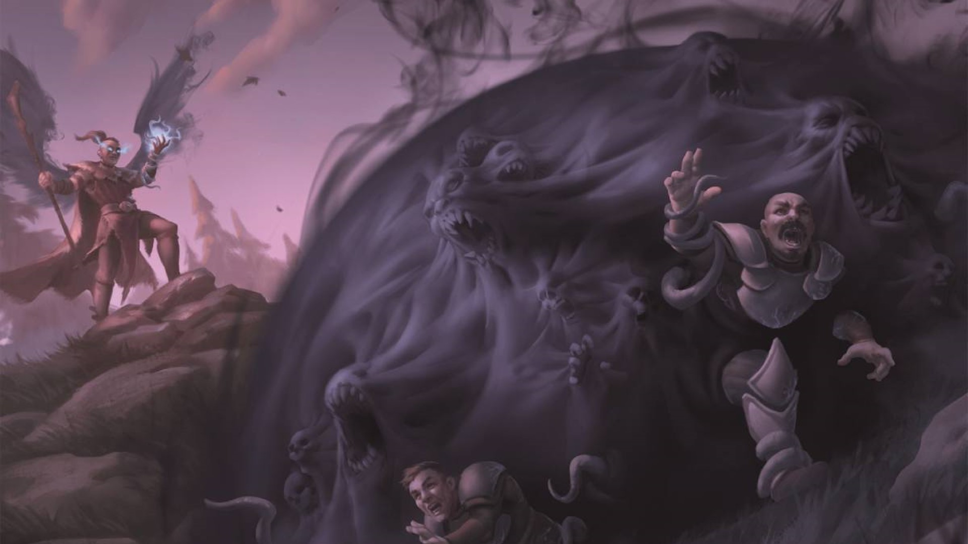 A spellcaster conjuring a dark cloud filled with screaming faces terrorizing a group of civilians.