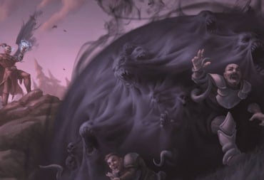 A spellcaster conjuring a dark cloud filled with screaming faces terrorizing a group of civilians.