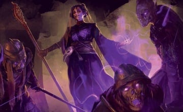 A human wizard surrounded by swirling purple energy, several animated skeletons surround her.