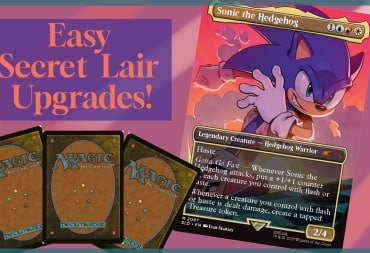 An image featuring the secret lair card for sonic the hedgehog and text saying Easy Secret Lair Upgrades