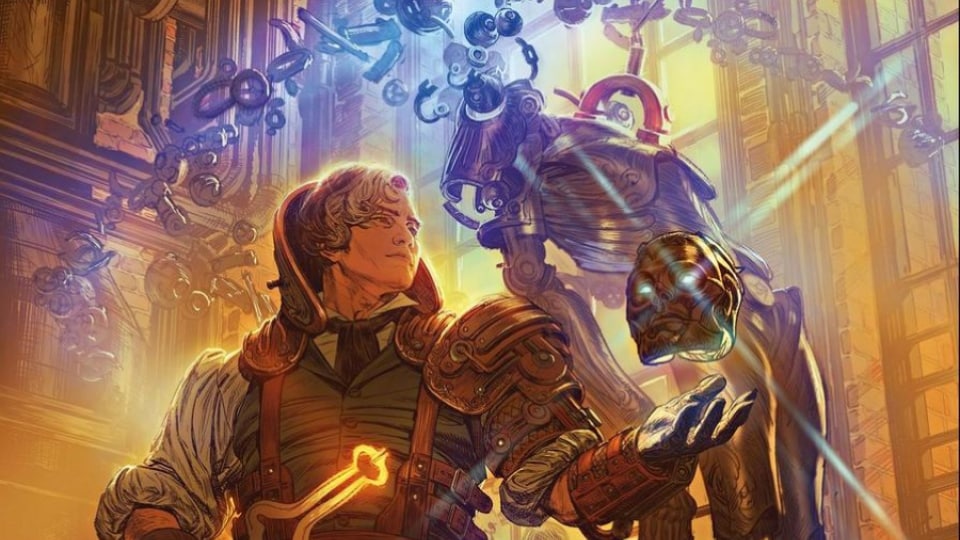 An artificer in a workshop. A humanoid mechanical construct is hanging on a hook behind them.