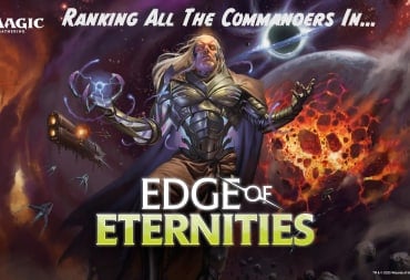 Edge of Eternities Header stating "Ranking all the commanders in..." above a picture of Tezzeret in front of a space background with a collapsing planet and spaceship and then the set name Edge of Eternities 
