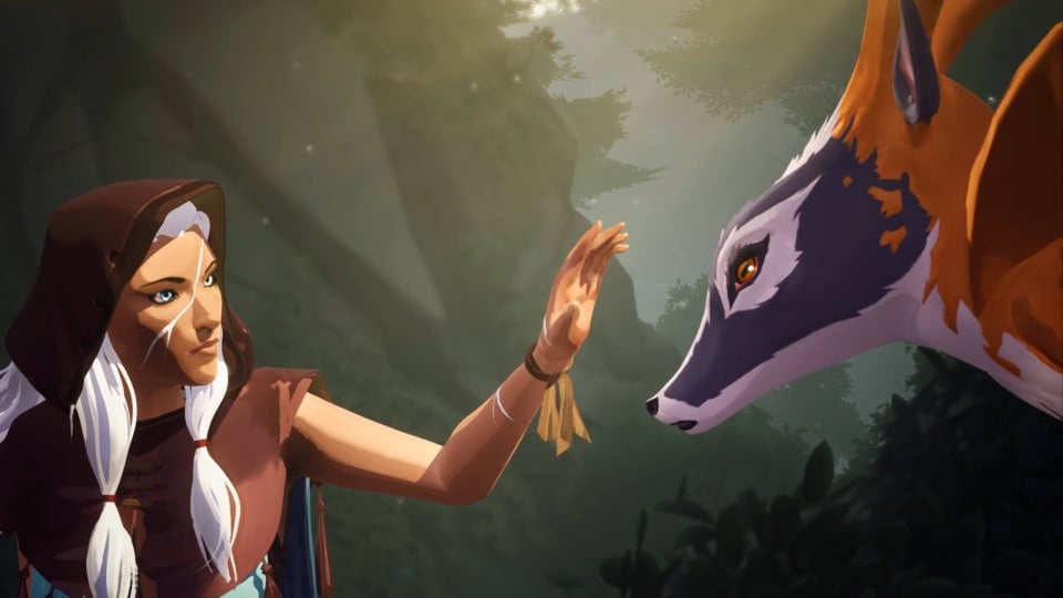 A female character reaching out to touch a deer-like creature's head in Rare's canceled Everwild