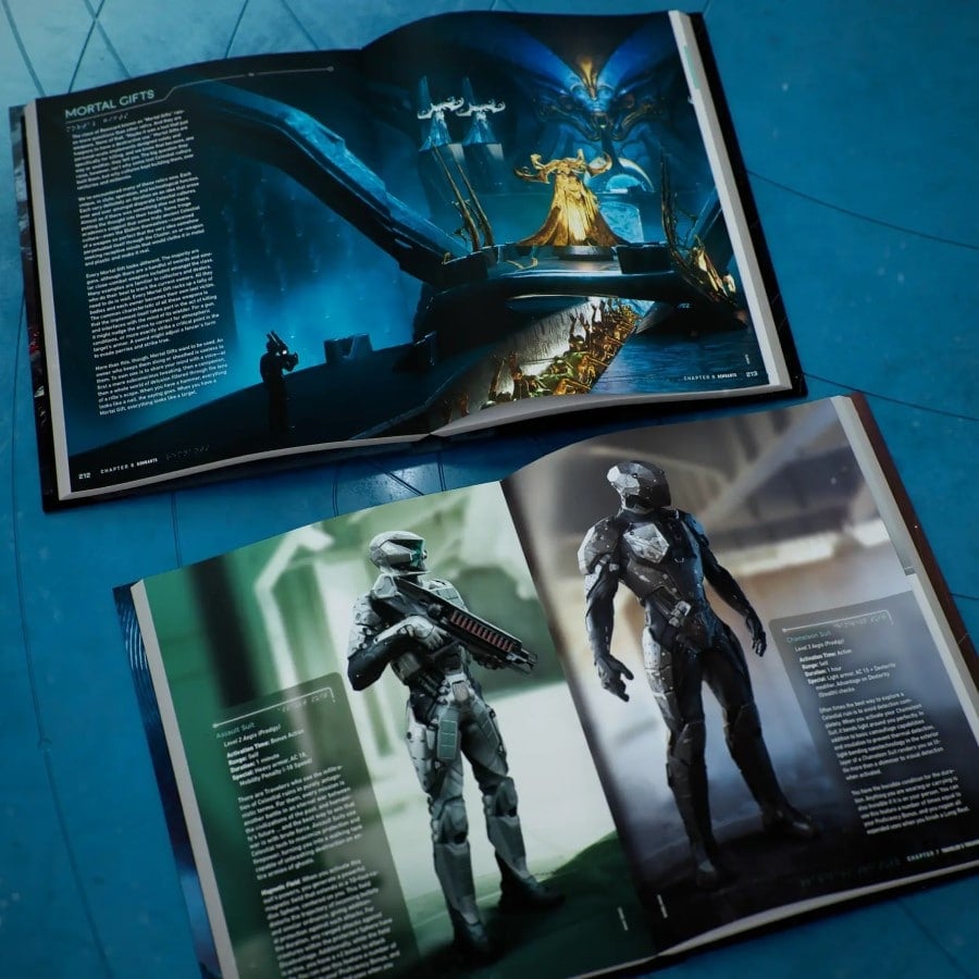 Two open books, one showing the interior of an alien spaceship, the other showing two astronauts in futurisic armor.