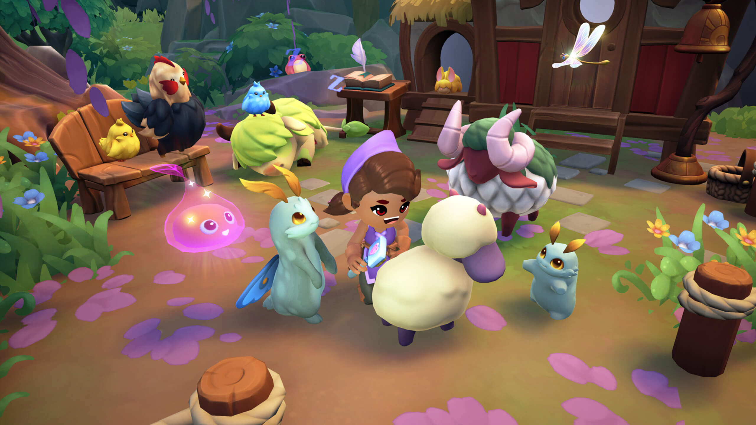 The player surrounded by cute fantasy animals in Fae Farm