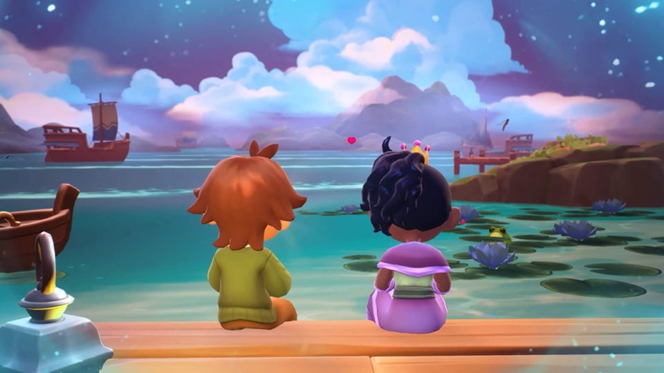 Two characters looking out over a body of water in Fae Farm