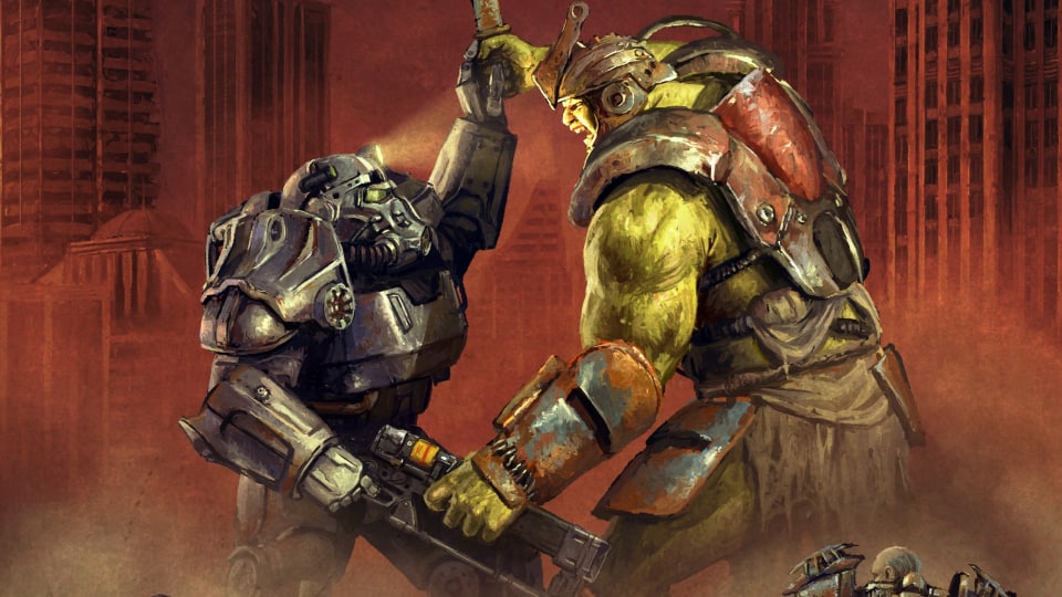 A man in power armor in a fistfight with a giant green-skinned mutant in a ruined city.