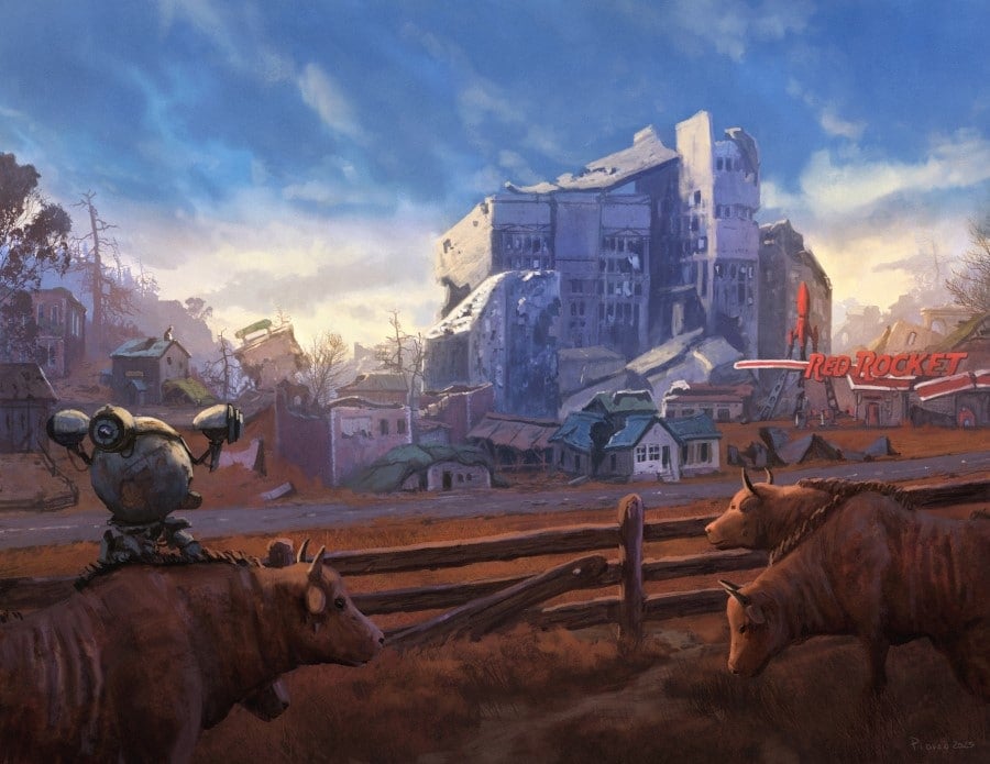A town covered in broken windows and scrap metal. There's a farm in the foreground showing two-headed cows and a flying robot.