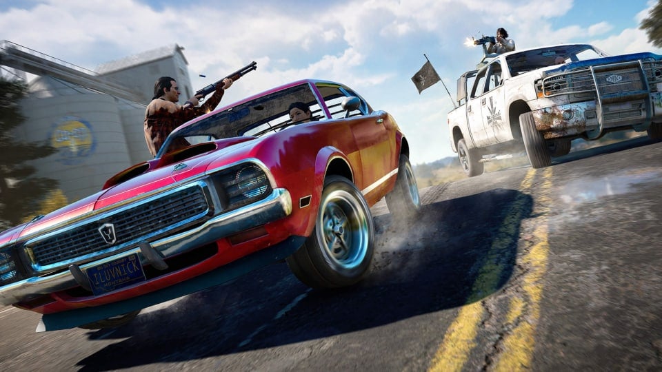 People shooting at each other in a car chase in Far Cry 5