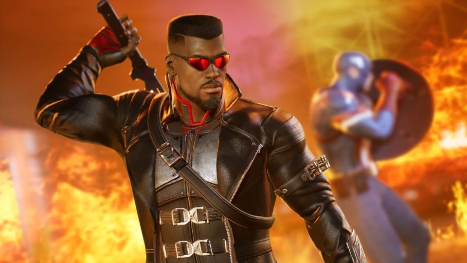 Blade and Captain America surrounded by fire in Firaxis Games' Marvel's Midnight Suns