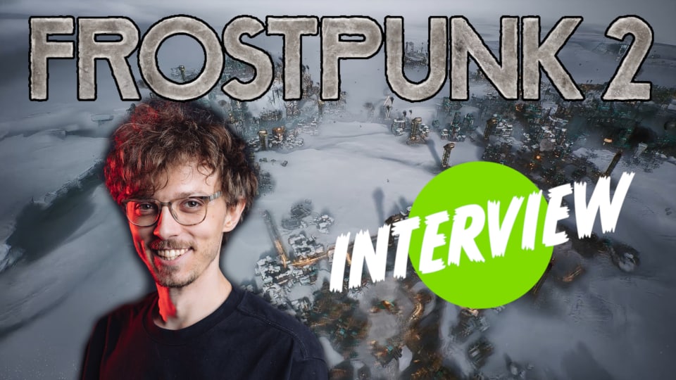 A header image showing off a Frostpunk 2 city next to Łukasz Juszczyk