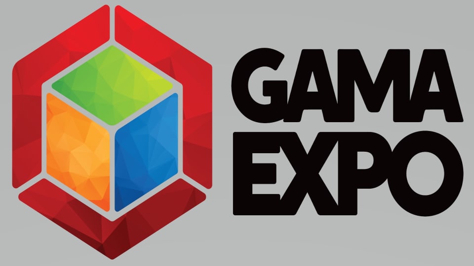 A colored cube next to the text "GAMA Expo" in black letters on a gray background