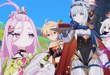 Four Genshin Impact characters, including the protagonist and Paimon, in Genshin Impact Version Luna I