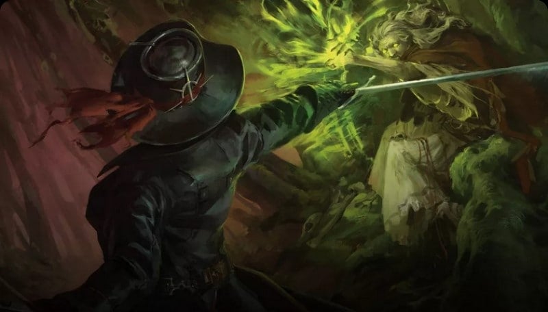 Artwork of a Man in a pointed hat pressing a sword against an elderly woman wreathed in green flame.