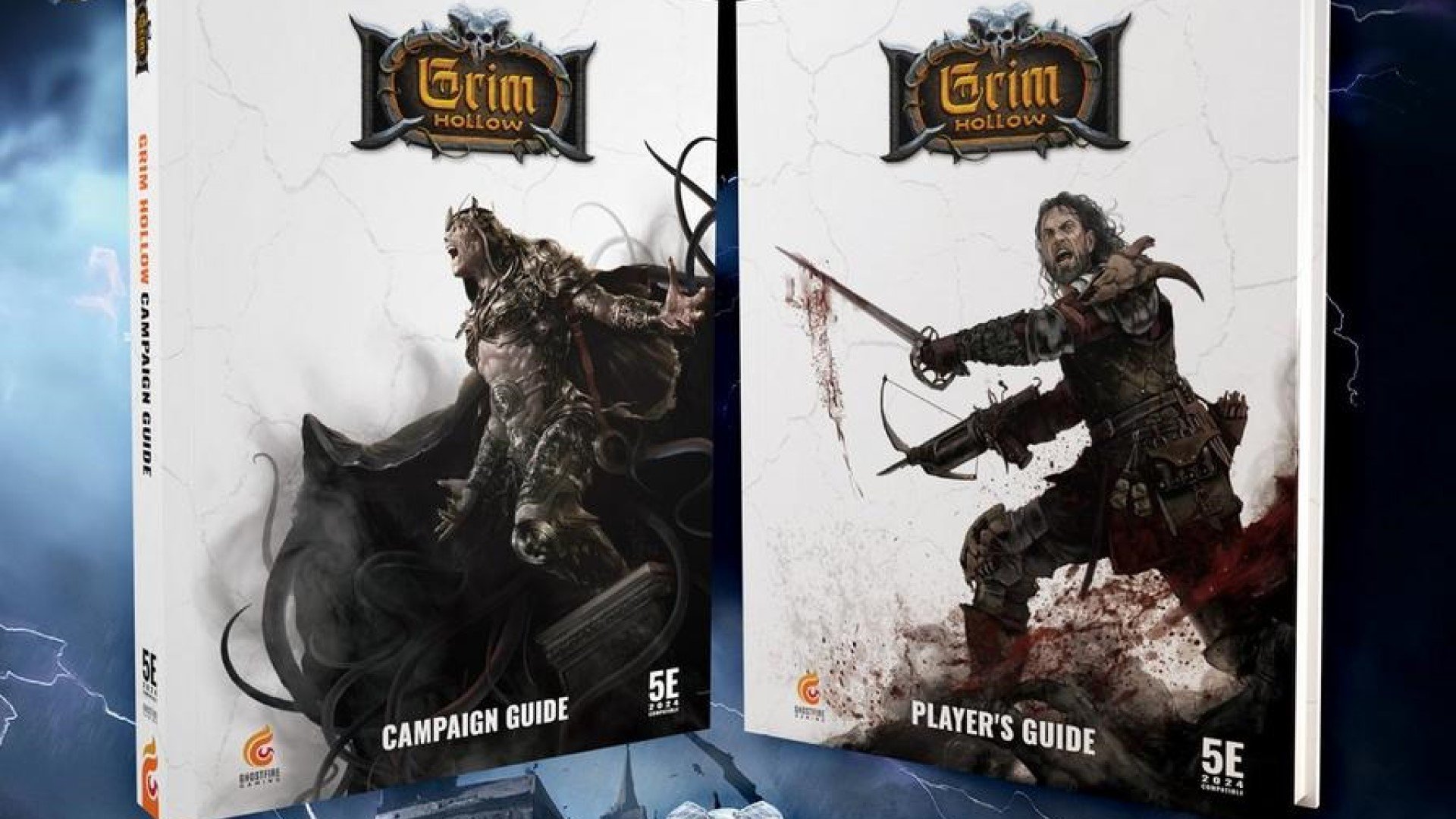 Two hardcover books, one showing a lich in a flowing cloak, the other a man in armor wielding a sword.