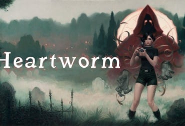 A spread-shot cover of Heartworm, depicting protagonist Sam on the right, with the mysterious "Tapekeeper" behind her.