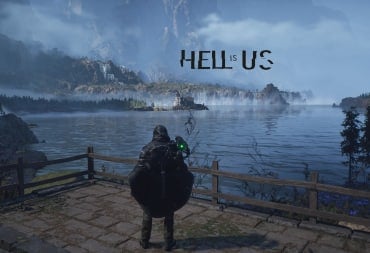 Hell is Us photomode with black logo overlooking Lake Cynon 
