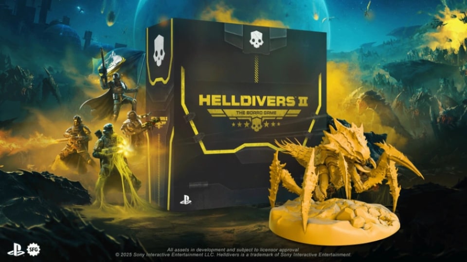 A black and yellow box with "Helldivers The Board Game" written on it. A yellow miniature of an insect monster is in front of the box.