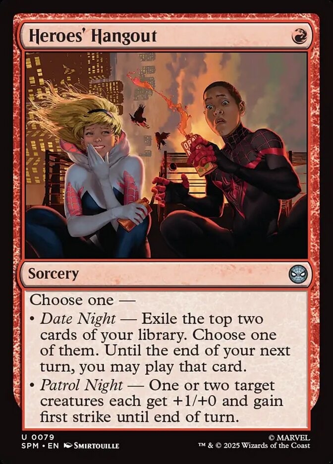 Heroes' Hangout Magic: The Gathering card featuring art of Gwen and Miles sitting together in their suits.