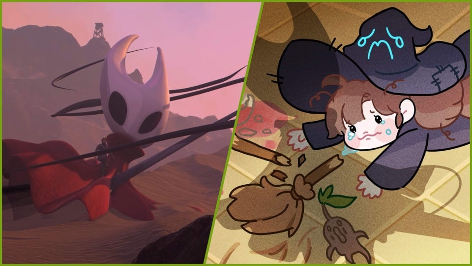 Nate climbing a Hollow Knight: Silksong Hornet replica in Baby Steps next to Little Witch in the Woods' main character crying beneath a silhouette of Hornet