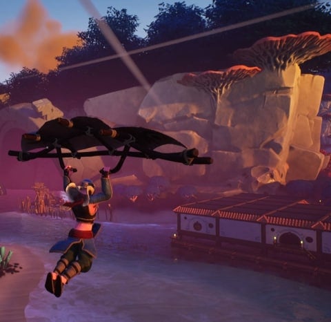 Flying Toward a Large House on a Beach with a Glider in Voyagers of Nera