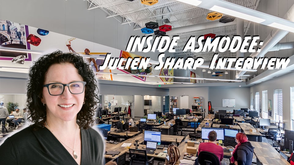 Inside Asmodee header image featuring an image of the Asmodee offices and a headshot of Julien Sharp, US General Manager of Asmodee Group.