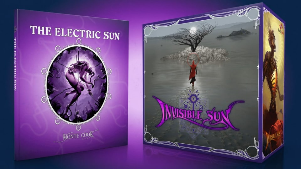 A violet book and a grey game box featuring a red robed figure approaching a blackened tree on a grayscale lake.