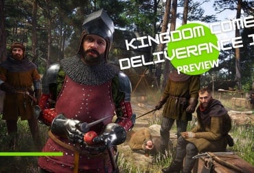 A group of armored men, some in leather some in plate, with a tied up man behind them.