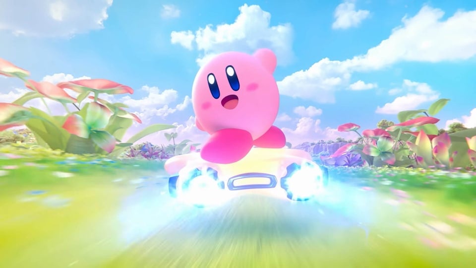 Kirby looking back at the camera while racing in Kirby Air Riders