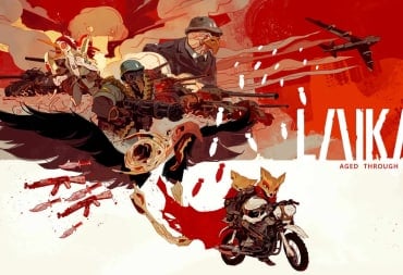 A spread-shot cover of Laika: Aged Through Blood, showcasing th main character Laika driving away with her pup while a battalion of birds scream behind her.
