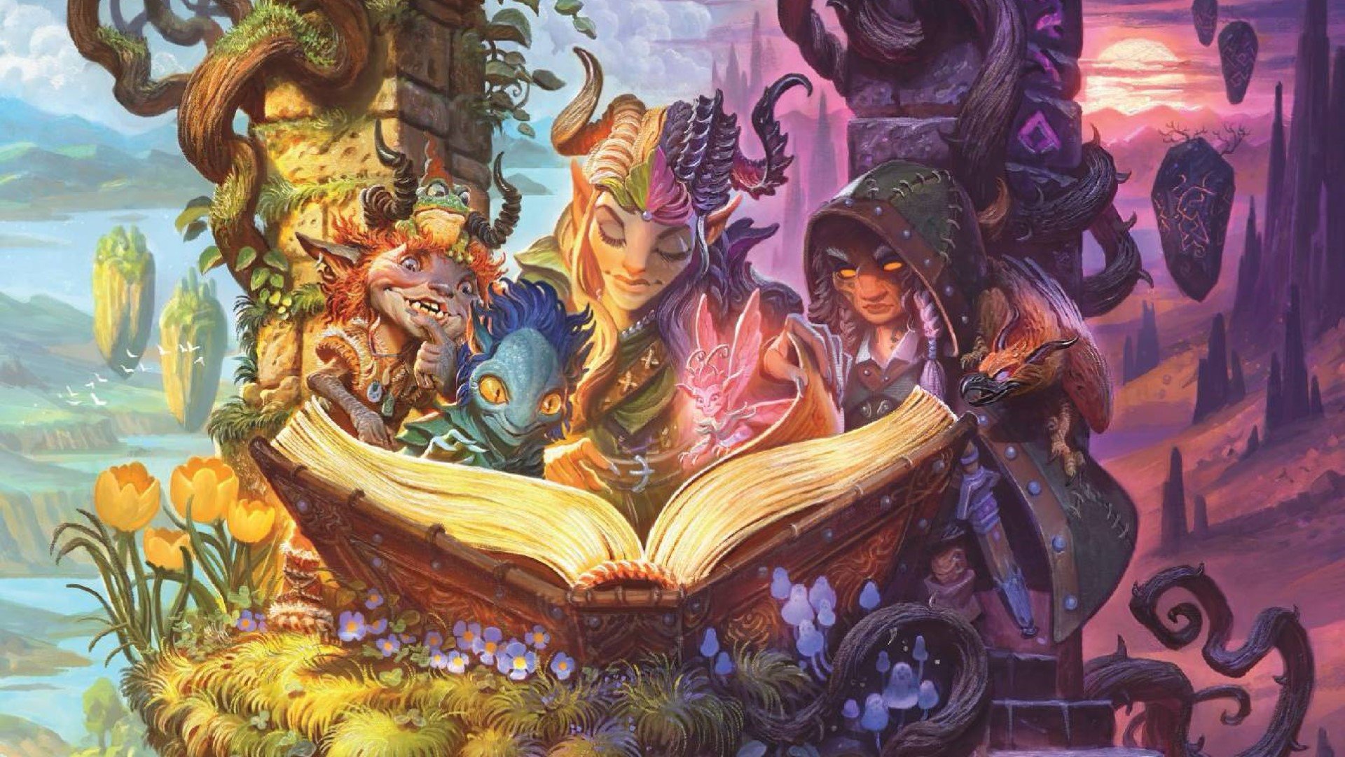 A group of horned fey bundled around an open book, they are surrounded by overgrown fields and floating rocks.