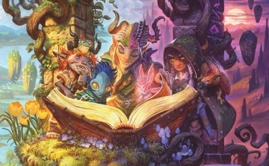 A group of horned fey bundled around an open book, they are surrounded by overgrown fields and floating rocks.