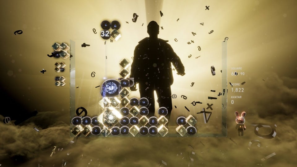 A gameplay shot of Lumines Arise with a shadowy figure in the background