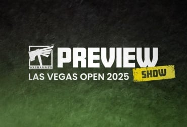 The title "Las Vegas Open Preview Show" in white text next to the Warhammer Logo on a dark green background.