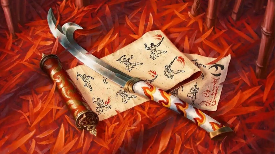 An unfurled scroll depicting martial arts scrolls, a curved blade sits on top of the scroll.