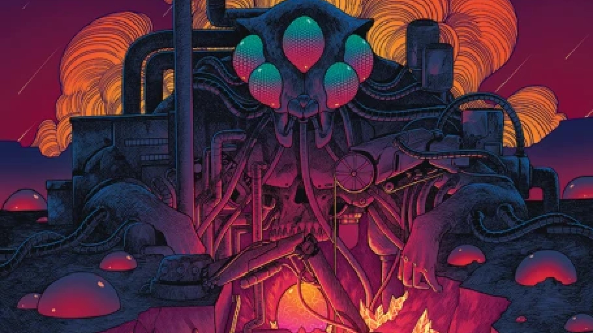 A dark orange and purple portrait of an insectoid mining device plunging into an open crack in the earth.