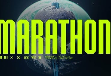 A planet behind the text in yellow saying Marathon  with some light yellow computer esq chatter beneath it including the numbers 28 93