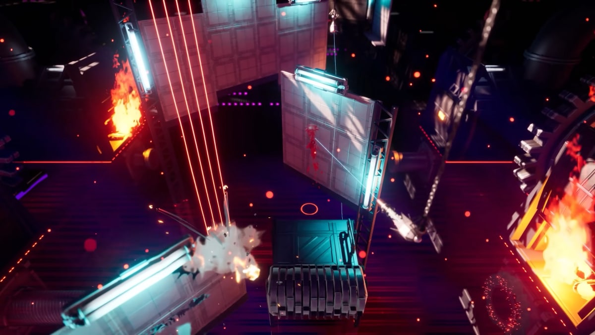 Meat Boy jumping to a platform and avoiding rockets.