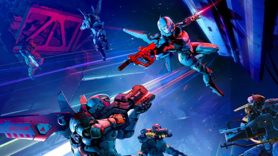 Aska aiming her weapon at enemies in Metal Eden key art