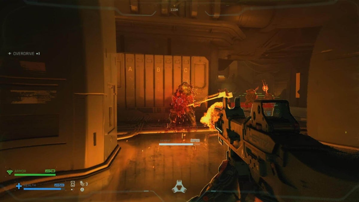 The player blasting an enemy with a machine gun in Metal Eden