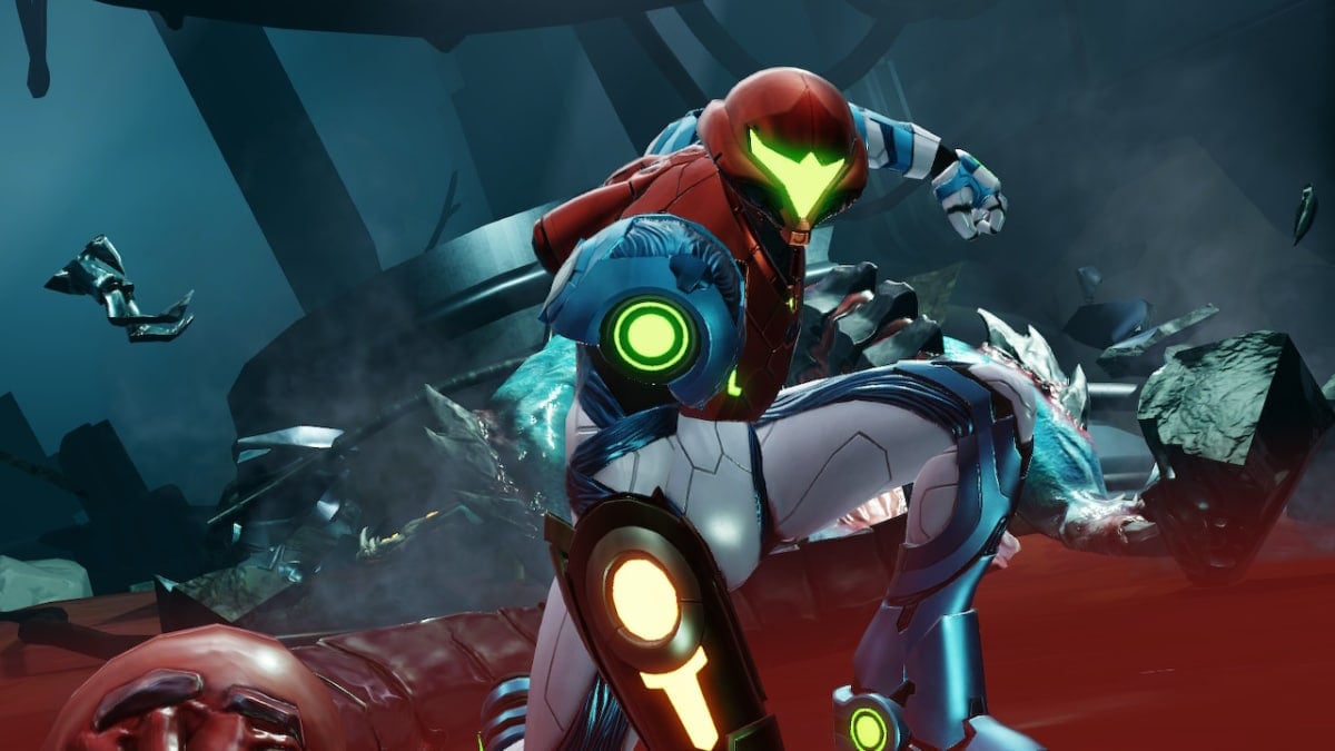 Samus crouching in Metroid Dread