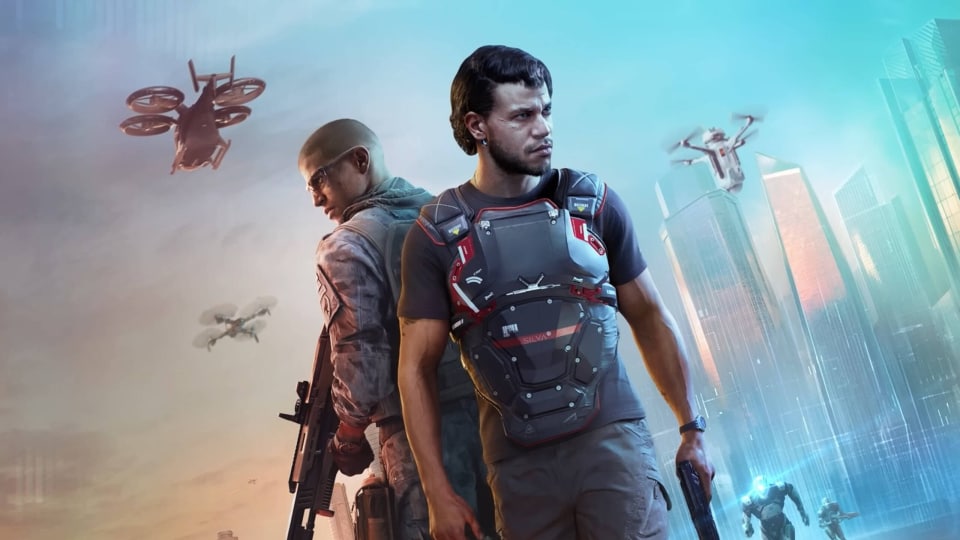 Two characters holding guns and surrounded by drones in the IO Interactive and Build a Rocket Boy game MindsEye