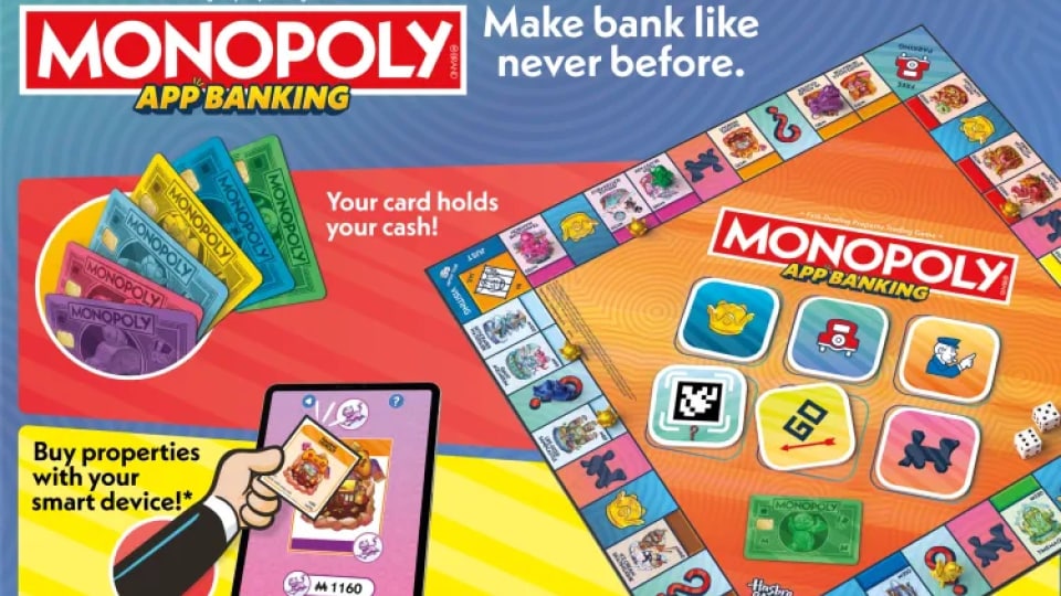 A monopoly game board with smart phone app icons on the board.