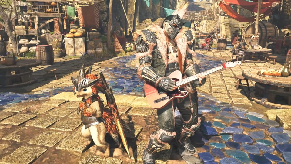 The player playing guitar beside their Palico companion in Monster Hunter Wilds