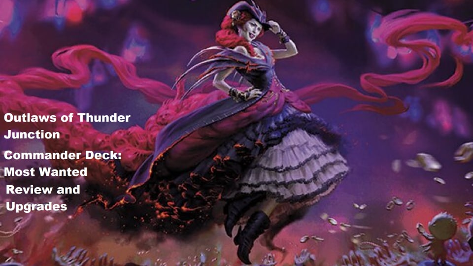 Art crop of Olivia, Opulent Outlaw with the text 'Outlaws of Thunder Junction Commander Deck: Most Wanted Review and Upgrades' written along the left side. Olivia in the picture is standing above an adoring crowd, flying in the sky with her Western inspired hat as fans throw treasures in the air