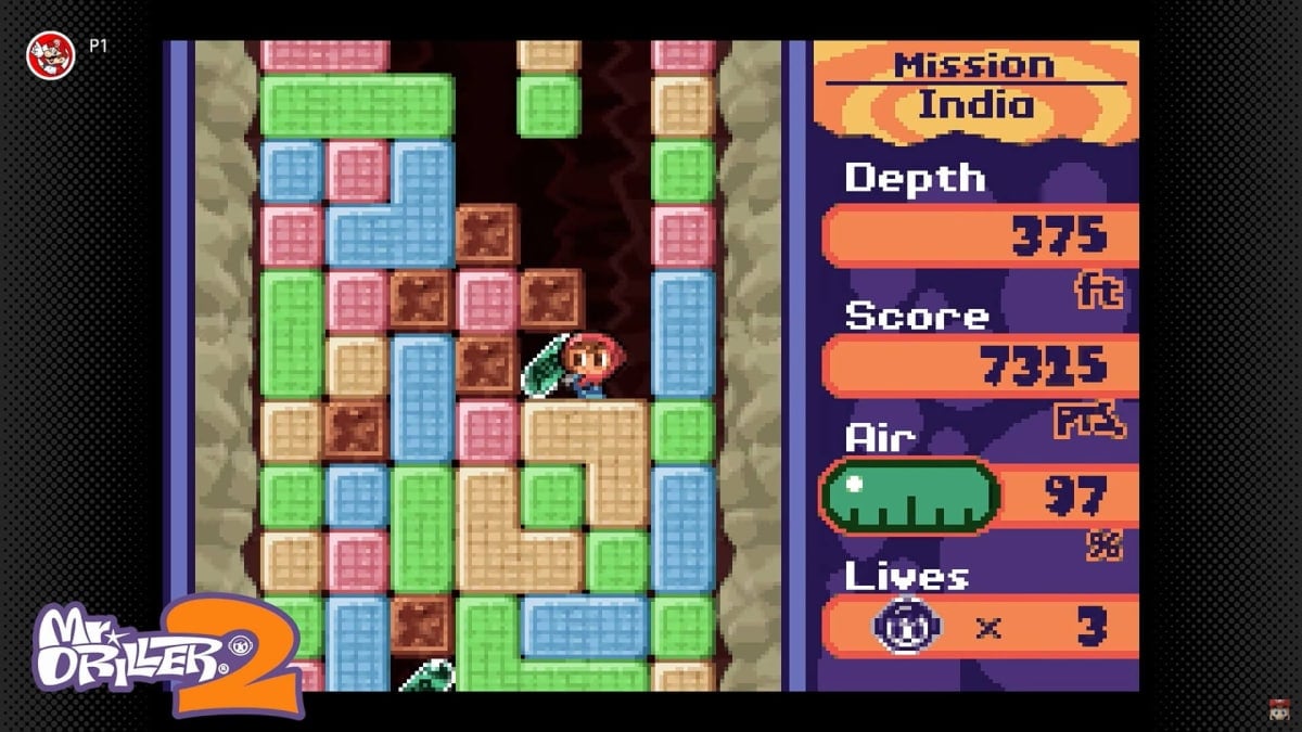 One of the Drillers making their way through a level in the Game Boy Advance game Mr. Driller 2, which has been added to the Nintendo Switch Online catalog